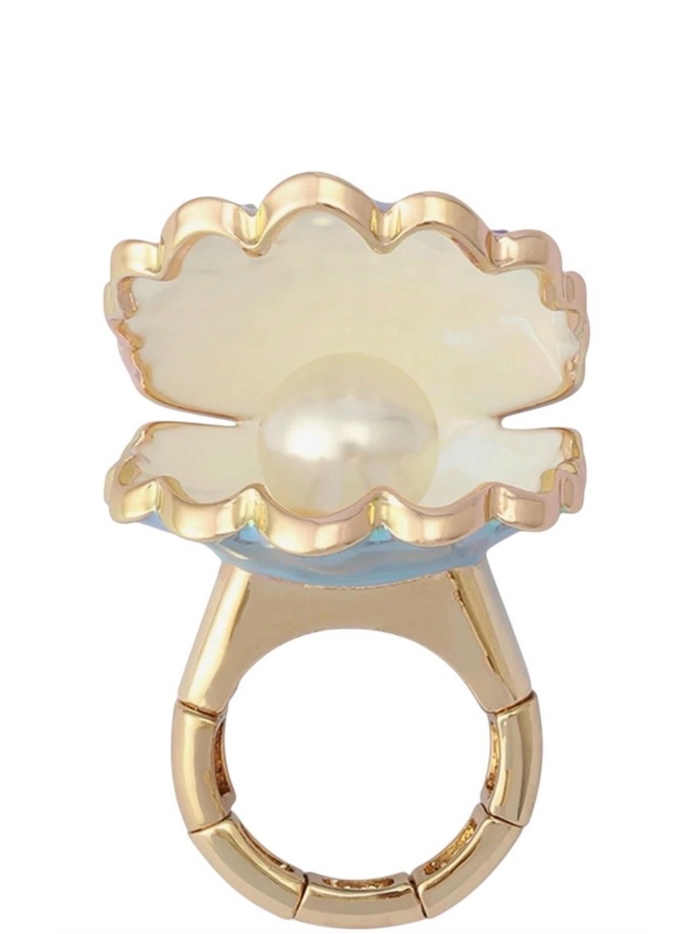 New Betsey Johnson Gold-Tone Pearl Shell stretch Ring with Aqua Crystals - Picture 2 of 16
